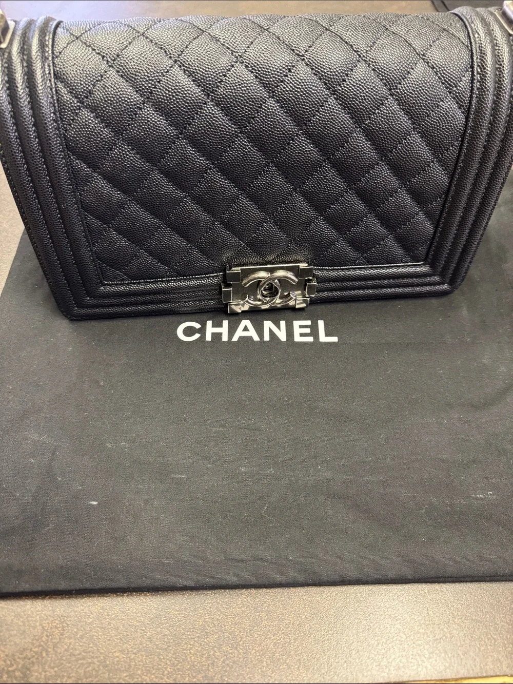 CHANEL Black Quilted Boy Flap Shoulder Bag with Silver Hardware